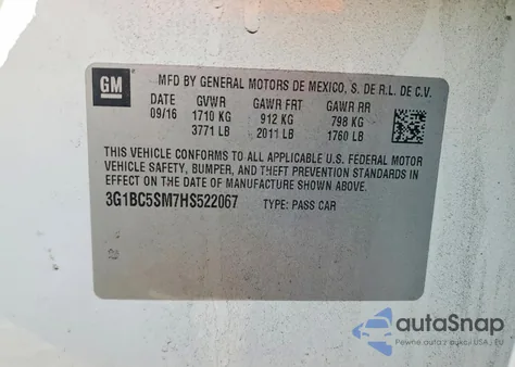 2017 Chevrolet Cruze Ls z USA, uszkodzony, nr VIN 3G1BC5SM7HS522067